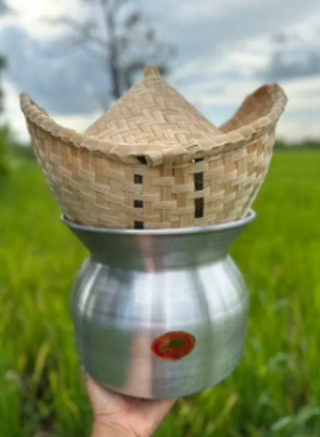 Set Sticky Rice Steamer 9 inch Basket Lid Bamboo Thai Jar Lao Cookware Vintage Food Kitchen Vintage Cooker Steamed
