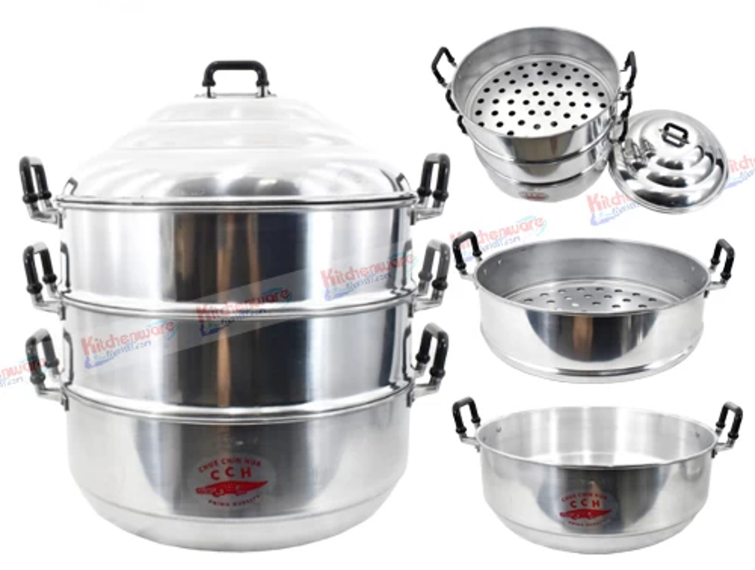 Thai Steamer Pot Cooking Crocodile Brand Traditional Aluminum Kitchenware 3 Tiers Size 30 cm